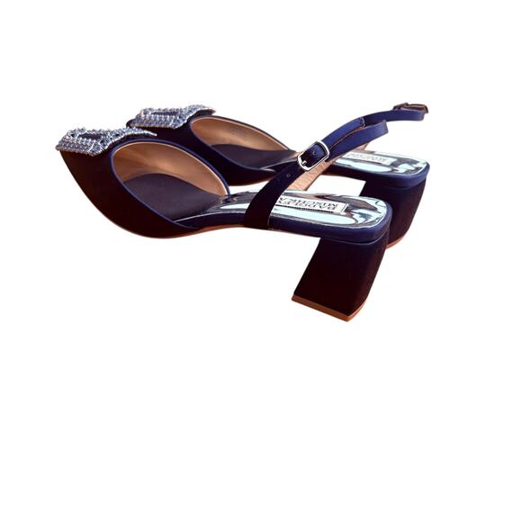 Badgley Mischka Navy Satin Pointed-Toe Slingback Heels w/ Crystal Buckle sz 8.5 - Picture 11 of 12